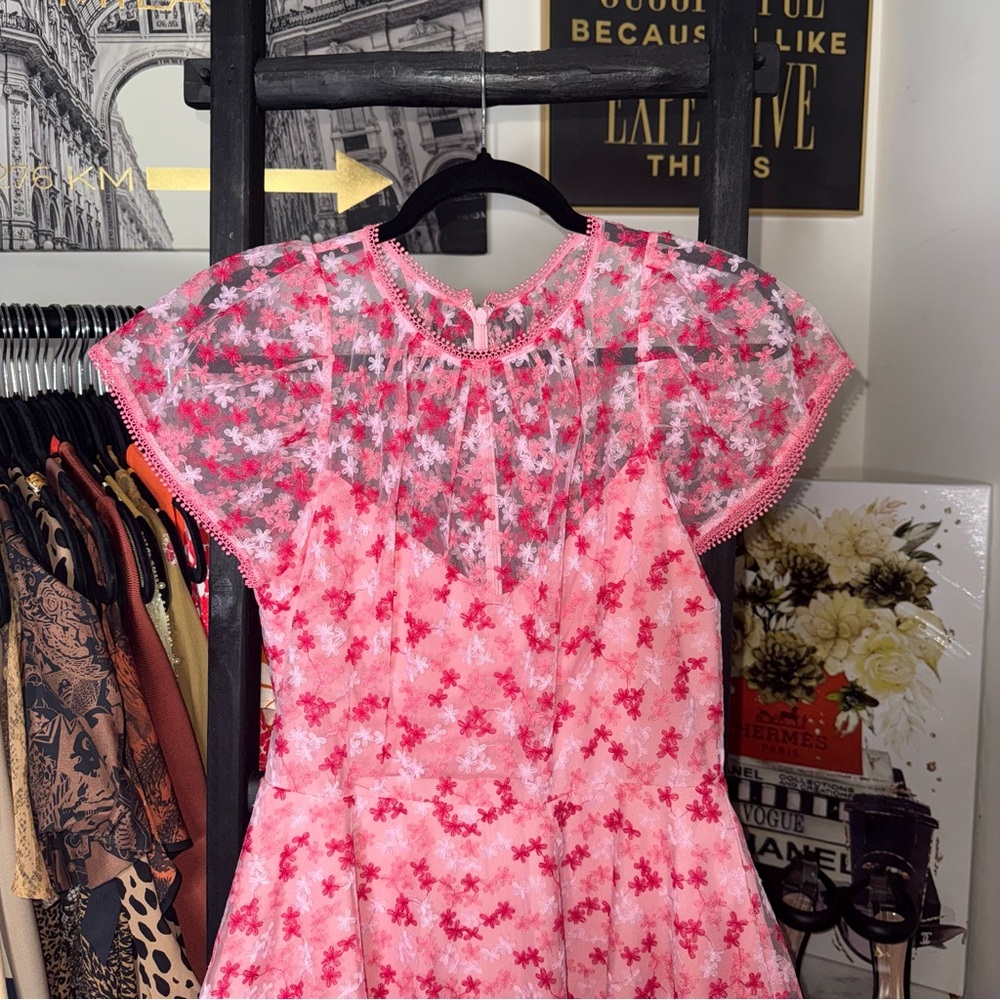 ML Monique Lhuillier Gathered Embroidered Tulle Mini Dress Pink Floral Fit Flare - Picture 5 of 15